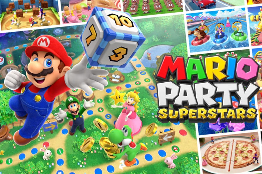 Backdrop of Mario Party Superstars appearing the game's characters and smaller than expected diversions.