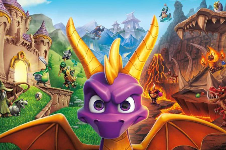 Poster of Spyro Reignited Trilogy showing elements of each entry in the series.