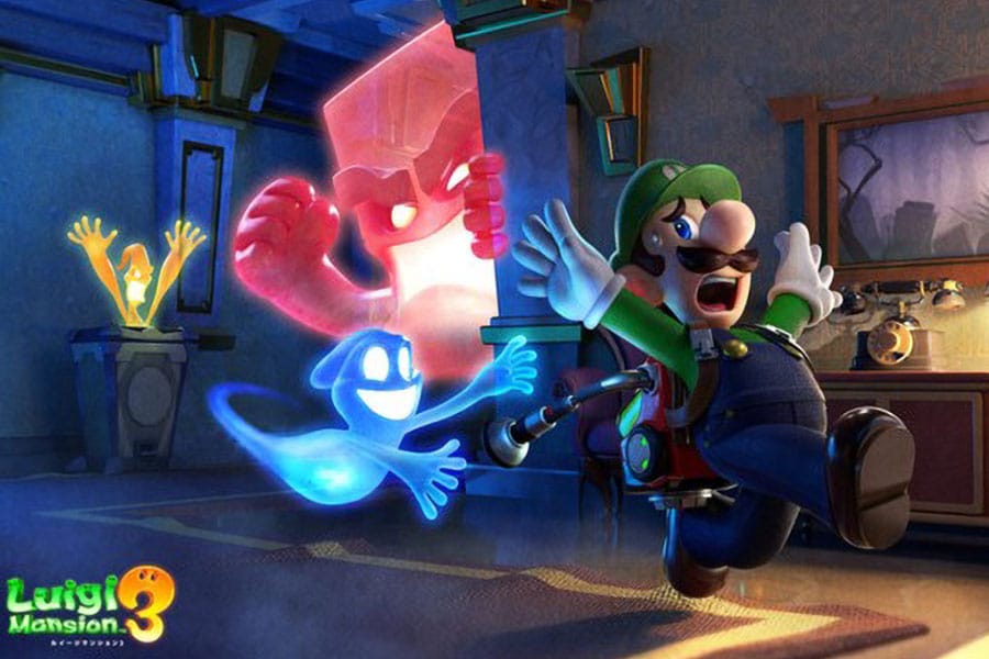 A poster of Luigi's Mansion 3 showing Luigi running away from ghosts.