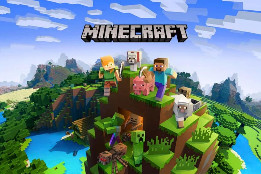 The Official picture of Minecraft featuring its characters and visuals, One of best video games to play while watching tv.