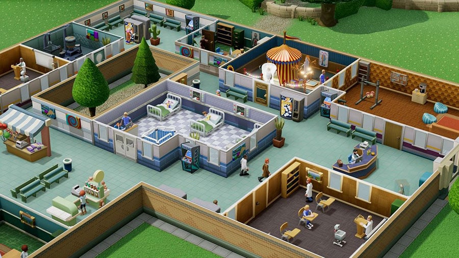 in game picture of Two Point Hospital, One of best video games to play while watching tv.