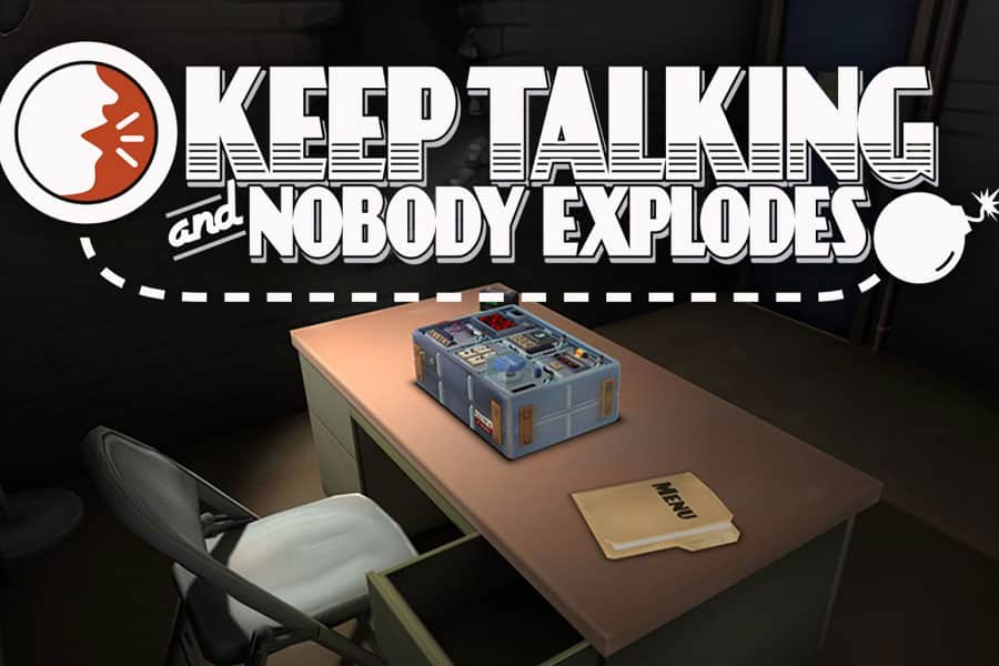 A player defusing a bomb with friends giving instructions in Keep Talking and Nobody Explodes.