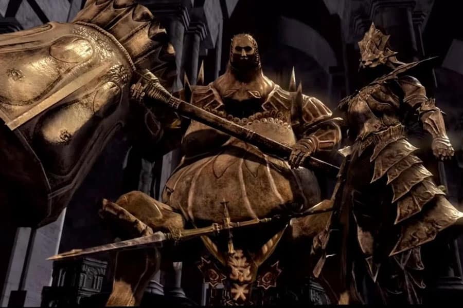 a picture of Ornstein and Smough from Dark Souls, One of The hardest boss fights in games.