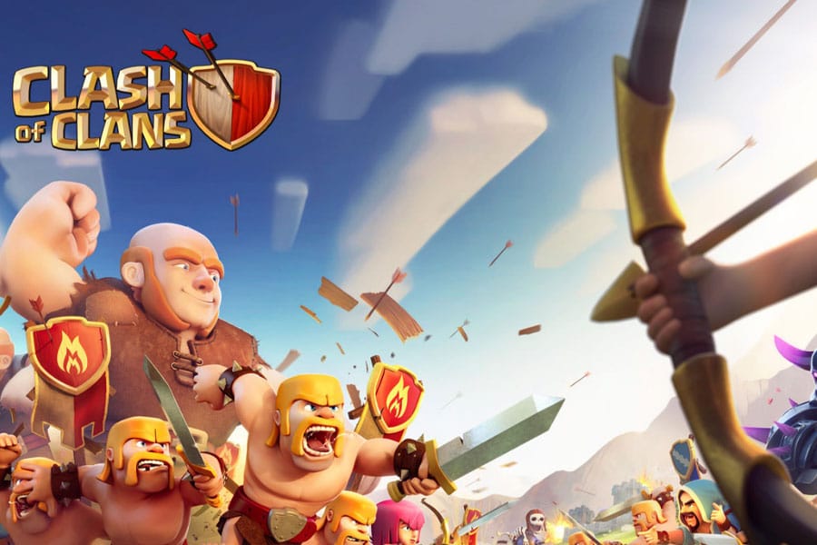 A village in Clash of Clans under attack.