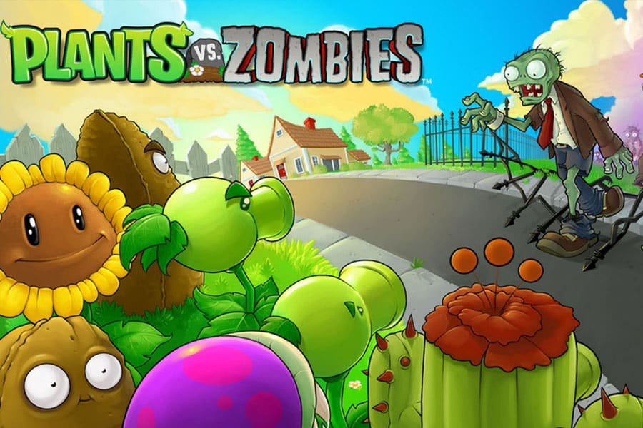 Plants defending against zombies in Plants vs. Zombies.