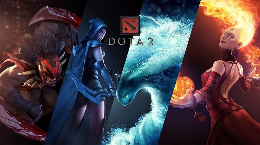 The Official Picture of Dota 2 featuring its heroes, One of The most active players pc games.