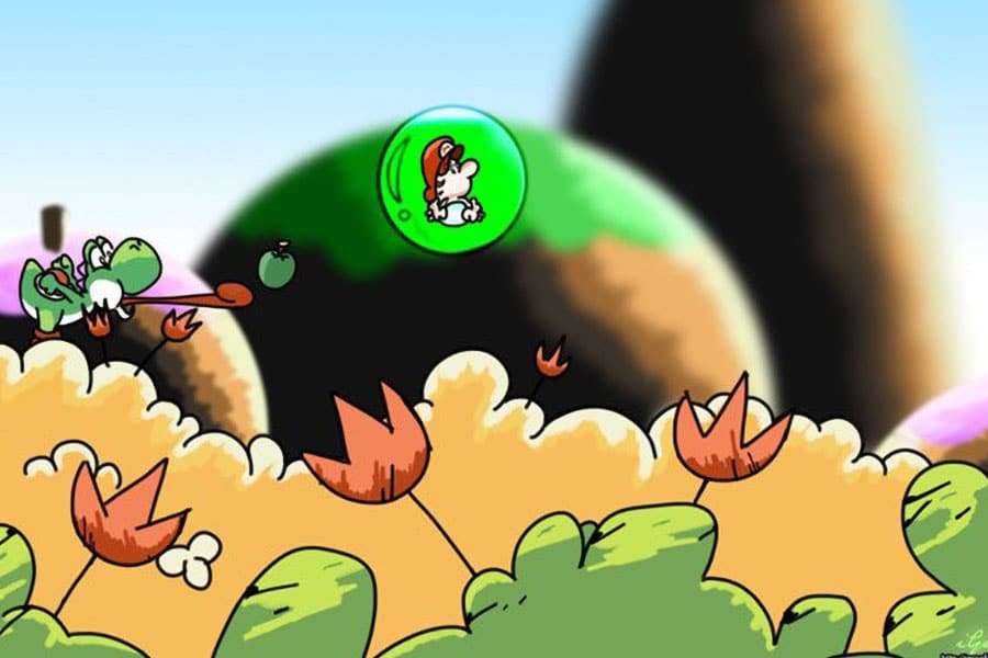 an art of Super Mario World 2: Yoshi’s Island with Yoshi and Baby Mario, one of the most hated video games characters.