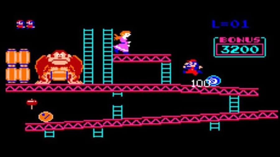 The in Game Picture of Donkey Kong featuring jumpman and donkey kong, One of most played video games of all time.