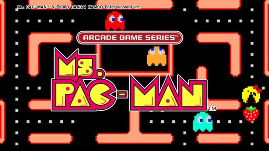 The Official Picture of Ms. Pac-man featuring Ms. Pac-man and ghosts, One of most played video games of all time.