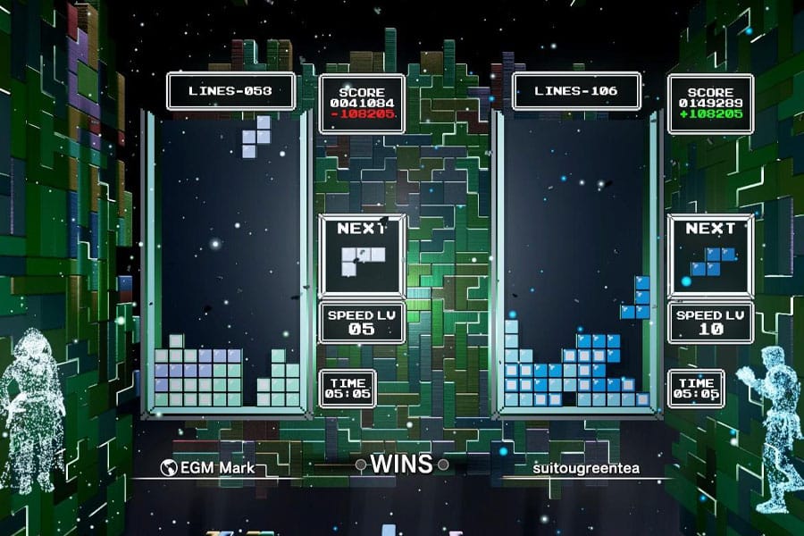 In game picture of Tetris Effect, a Puzzle game, One of most popular genres of video games.