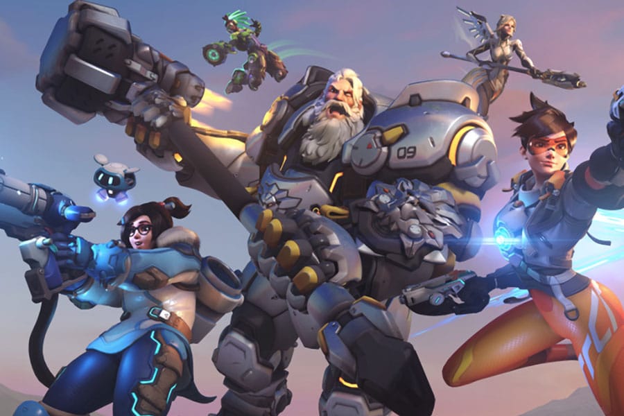 One of Overwatch’s Key arts showing characters like the tank class Reinhardt.