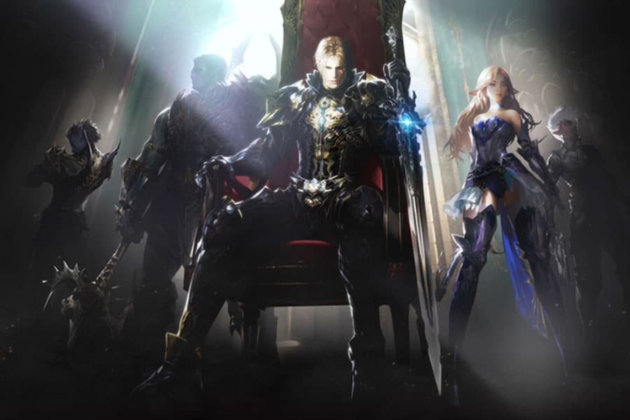 Lineage II character wallpaper showing the characters in shadow and light.