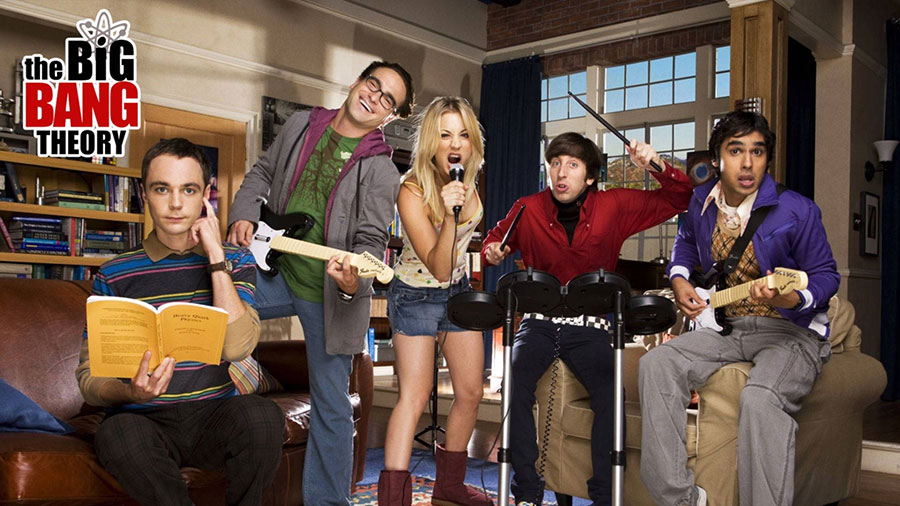 The main cast of The Big Bang Theory in their living room.