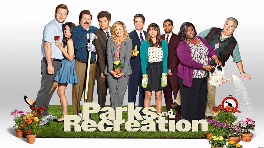 Leslie Knope and other characters from Parks and Recreation.