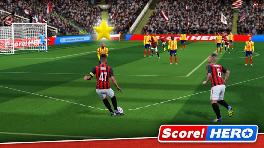 Screenshot of "Score! Hero" featuring a player scoring a goal.