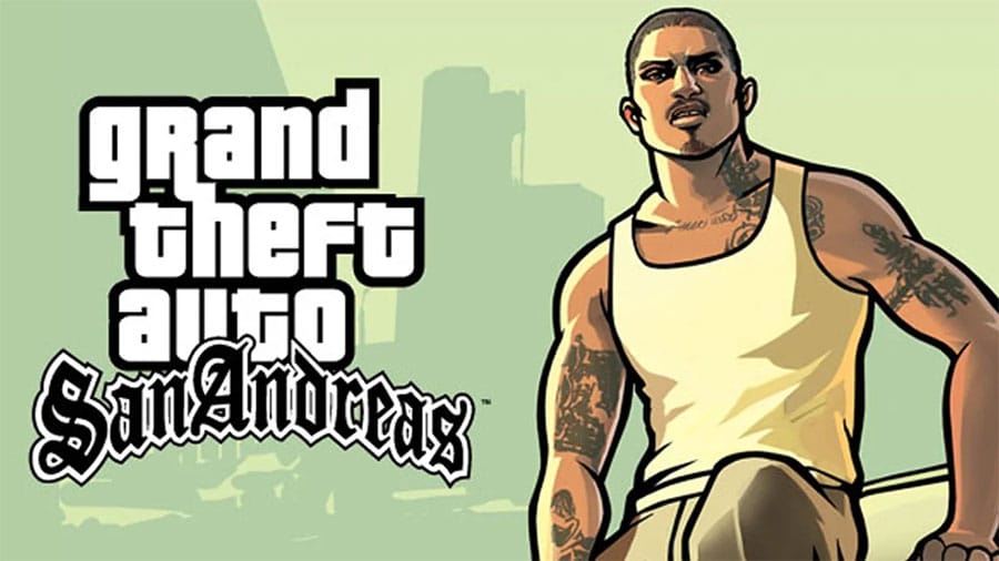 The Official Picture of Grand Theft Auto: San Andreas with its character, One of offline open world games for ios.