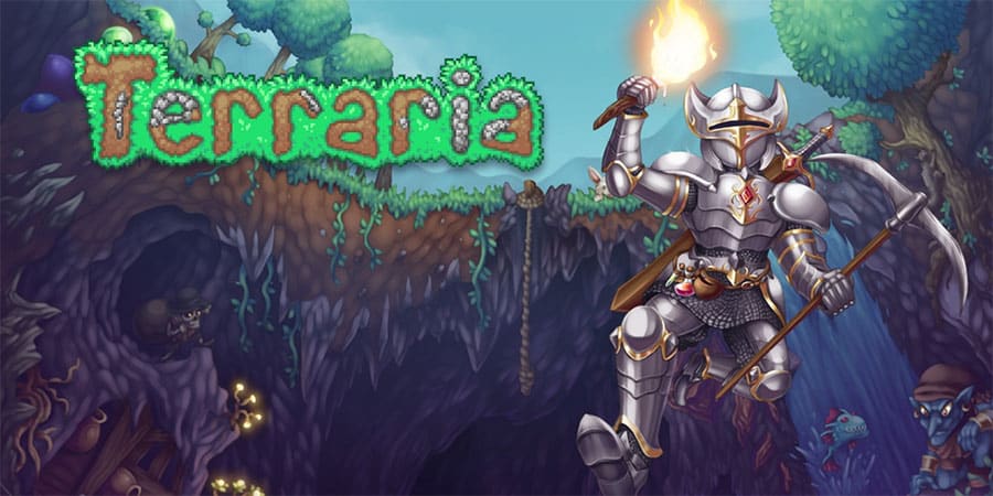 Screenshot of "Terraria" with 2D pixelated exploration and crafting.