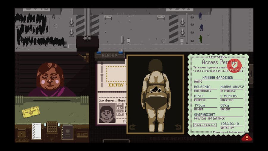 Papers, Please game screen with immigration documents