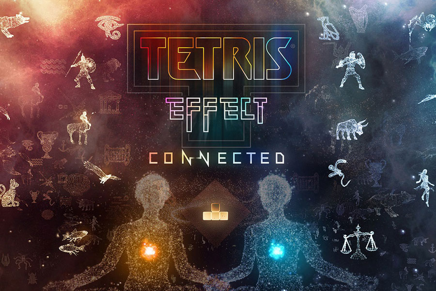 Tetris Effect game screen with colorful visuals.