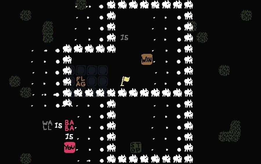 Baba Is You game screen with rule-changing puzzles.