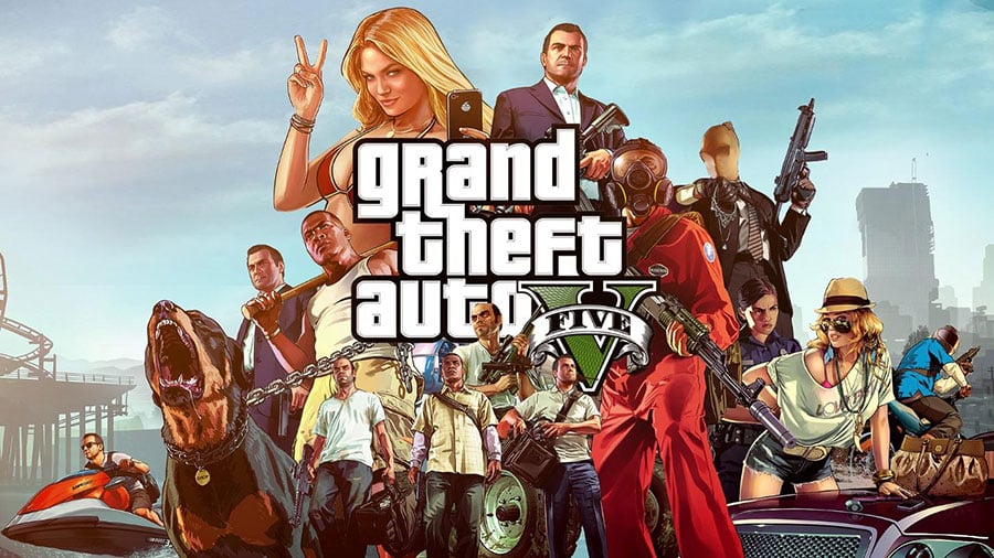 The Official Picture of Grand Theft Auto V with its characters, One of racing games with biggest maps.