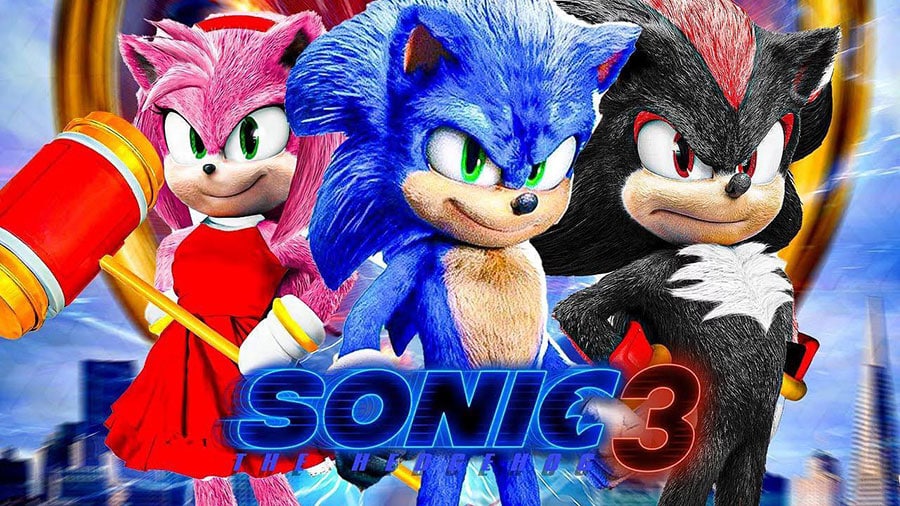 a picture of Sonic the Hedgehog 3 with amy, sonic and shadow, upcoming movies based on video games.