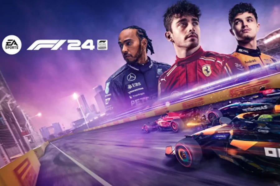 Official poster of F1 24 game showing different cars and their drivers.