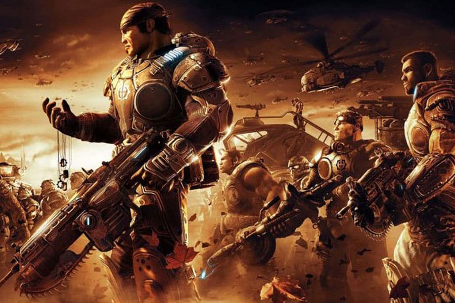 The Official Picture of Gears of War with marcus and other characters, One of video games to play before you die.