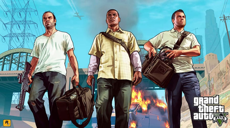 GTA V game screen with Michael, Trevor, and Franklin.