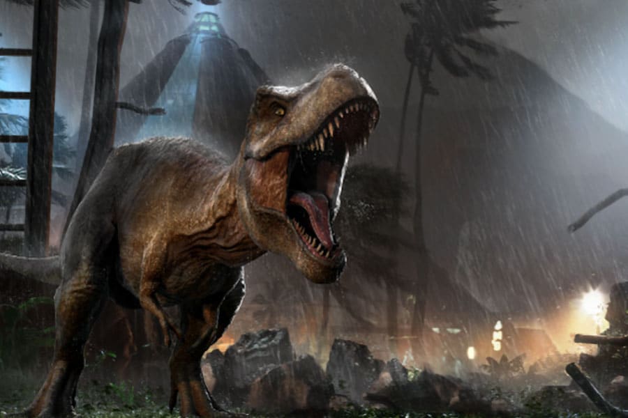 The Official Picture of Jurassic World Evolution Featuring a T-Rex, One of video games with dinosaurs.