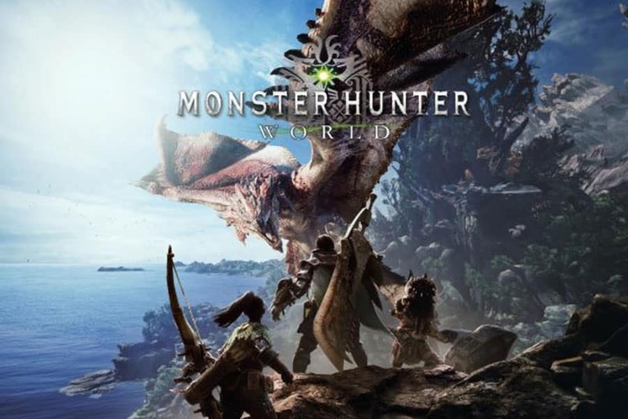 The Official Picture of Monster Hunter: World Featuring its characters, One of video games with dinosaurs.