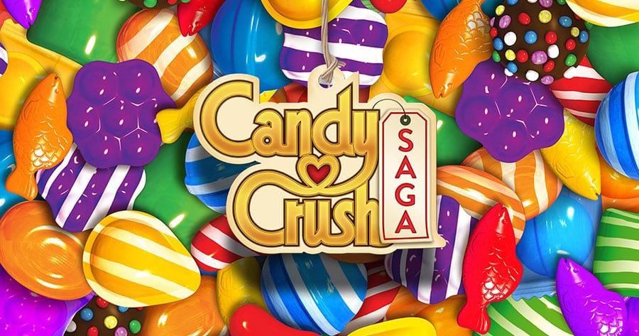 Screenshot of "Candy Crush Saga" gameplay with colorful candies.