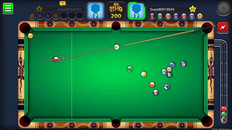 Screenshot of "8 Ball Pool" gameplay with a virtual pool table.