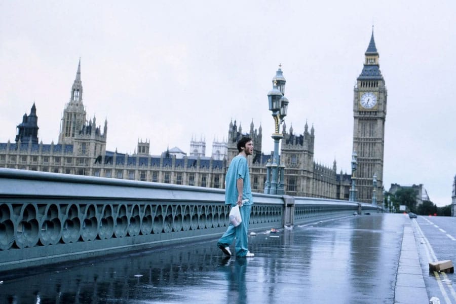 Poster of the movie "28 Days Later" with a desolate London backdrop.