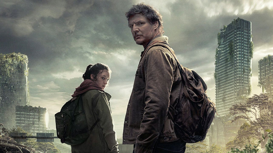 Poster of the upcoming series "The Last of Us" featuring Pedro Pascal and Bella Ramsey.