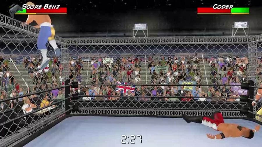 A wallpaper of the game, featuring a match of steel cage.