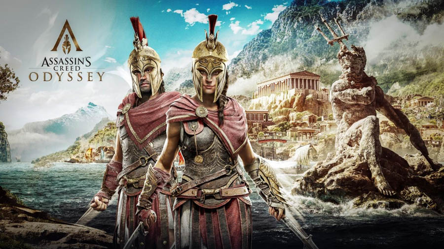 The Official Picture of Assassin's Creed Odyssey with its characters, One of Assassin games for ps4.