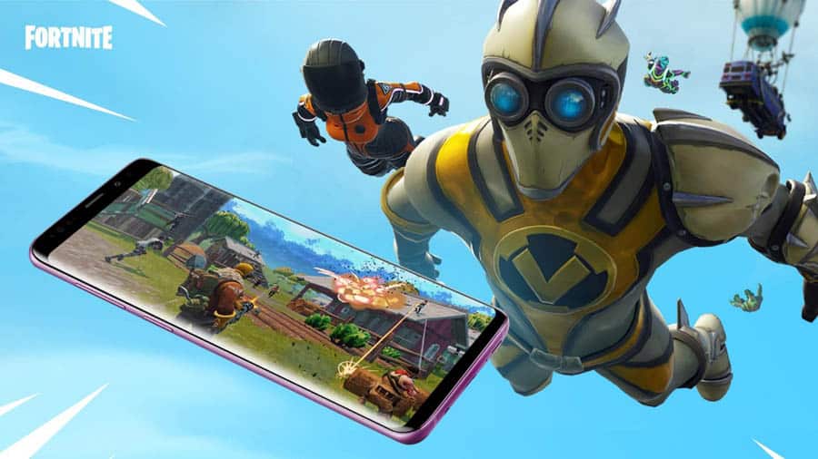 Picture of Fortnite on a phone and characters getting out of the bus.