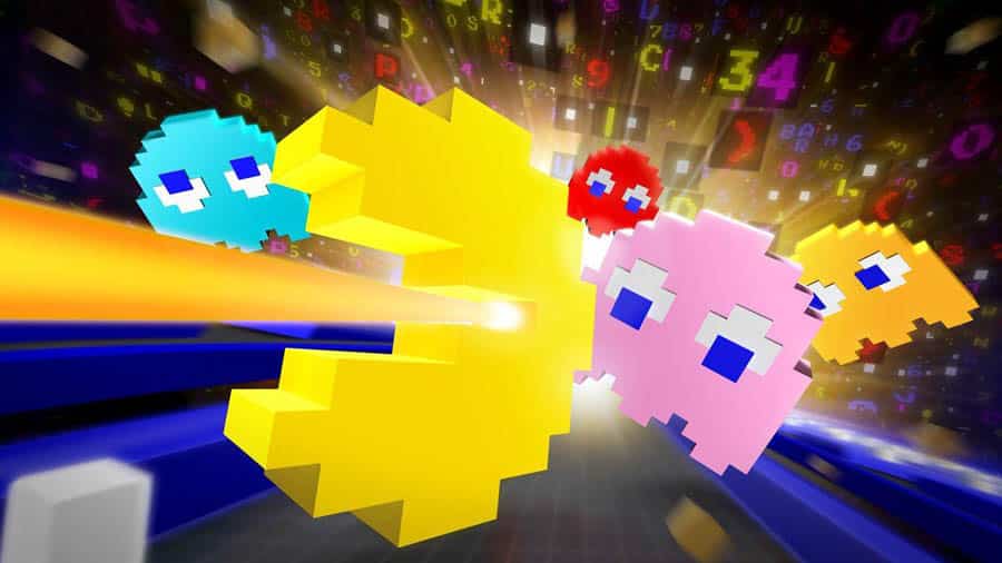 The Official Picture of PAC-MAN 256 with its characters, One of best arcade games for apple tv.