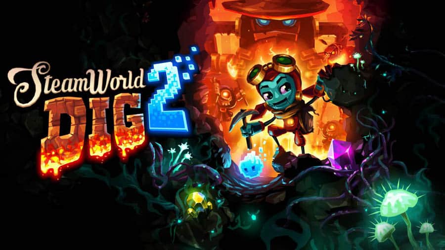 The Official Picture of SteamWorld Dig 2 with its characters, One of best train games for switch.