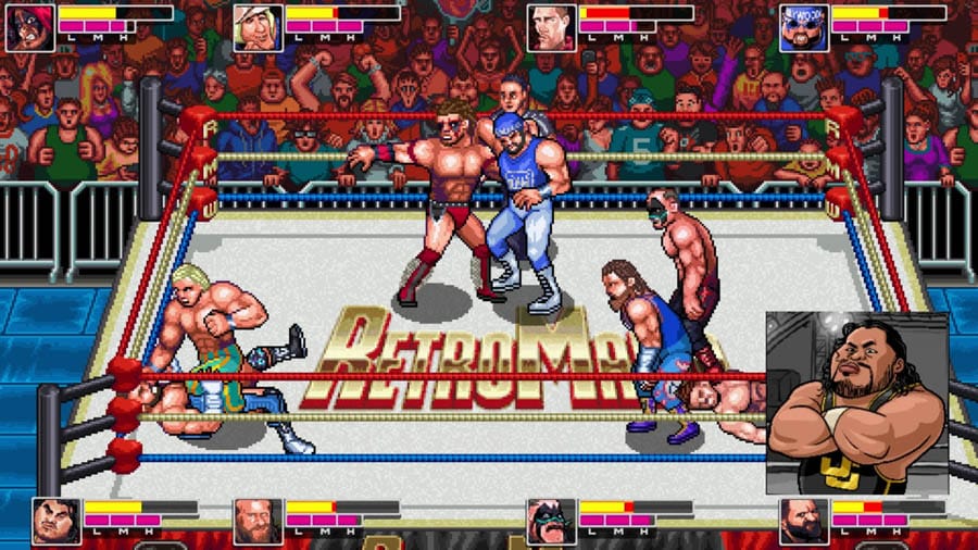 A wallpaper of RetroMania Wrestling, one of the best wrestling games on PS5.