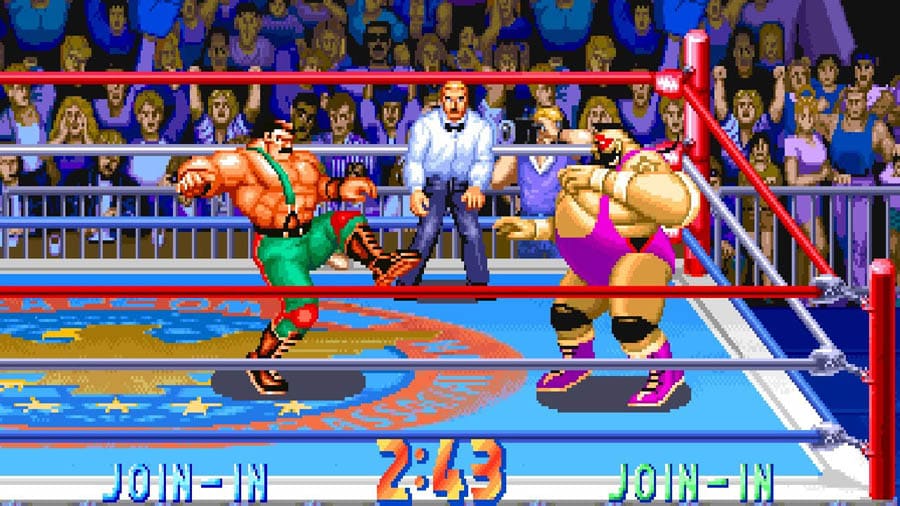 An official picture of the game, featuring two characters wrestling in the ring.