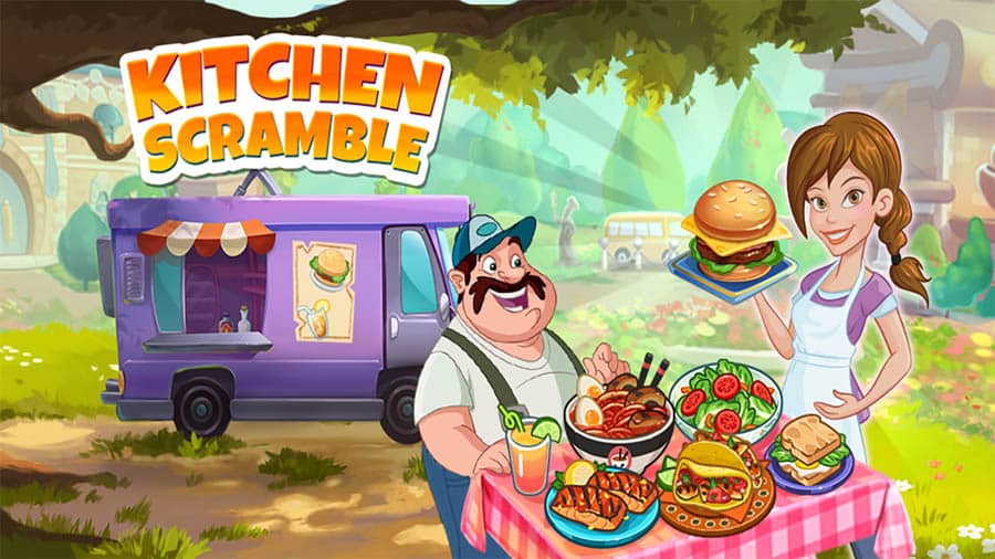 The Official Picture of Kitchen Scramble with its characters, One of best cooking games for chromebook.