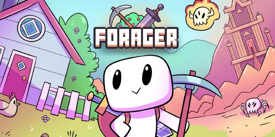 The Official Picture of Forager with its character, One of best forest survival games for chromebook.