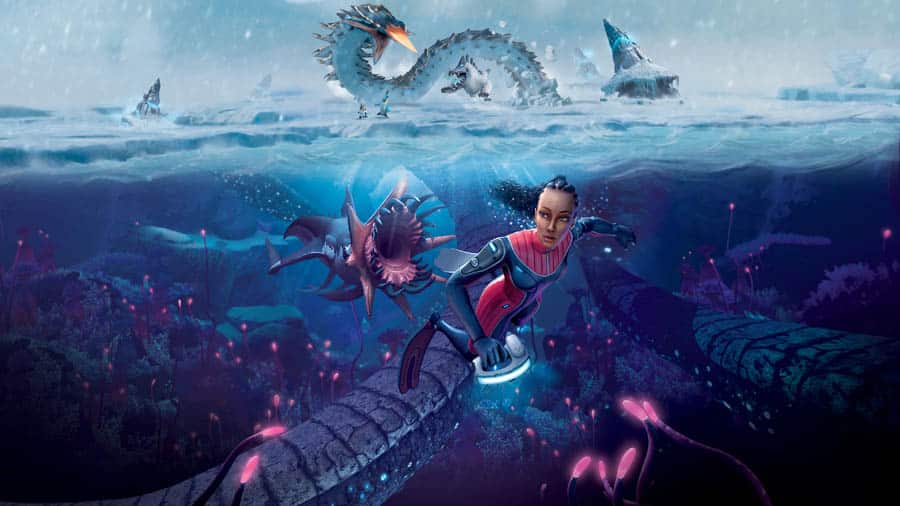 The Official Picture of Subnautica: Below Zero with its character, One of best forest survival games for chromebook.