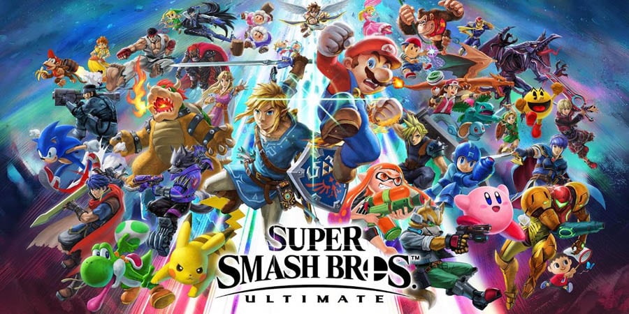 The Official Picture of Super Smash Bros. Ultimate with its characters, One of best multiplayer games for Switch.