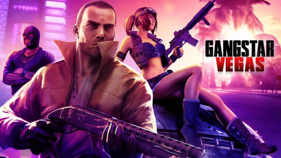 The Official Picture of Gangstar Vegas with its characters, One of best open world games for android.