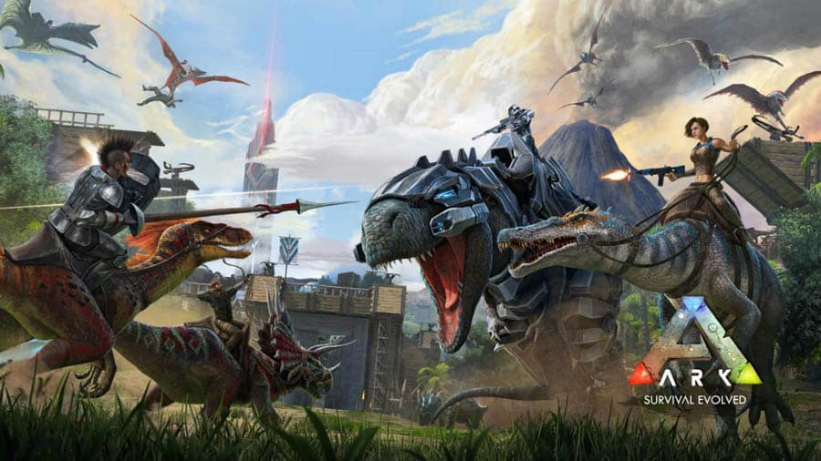 The Official Picture of ARK: Survival Evolved with its characters, One of best open world games for ios.