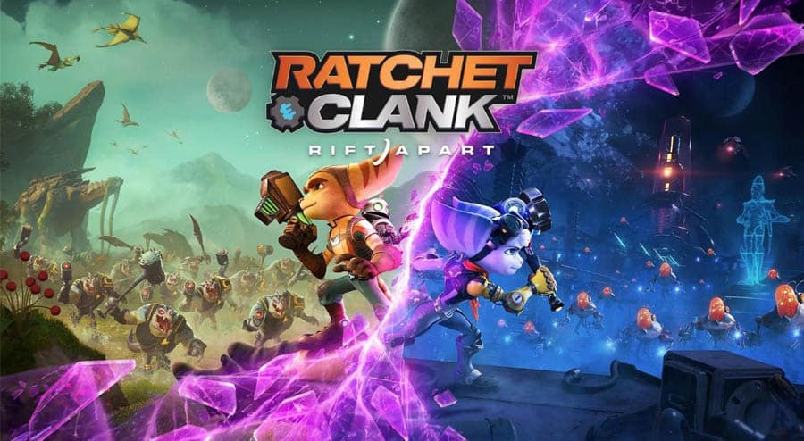 A wallpaper of Ratchet & Clank: Rift Apart.