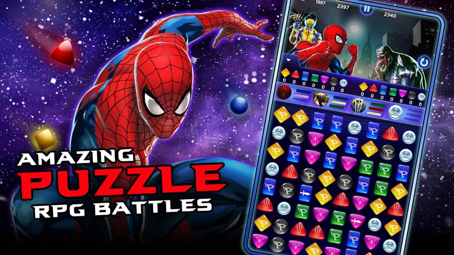 A wallpaper of Marvel Puzzle Quest, one of the best Marvel games for Android.